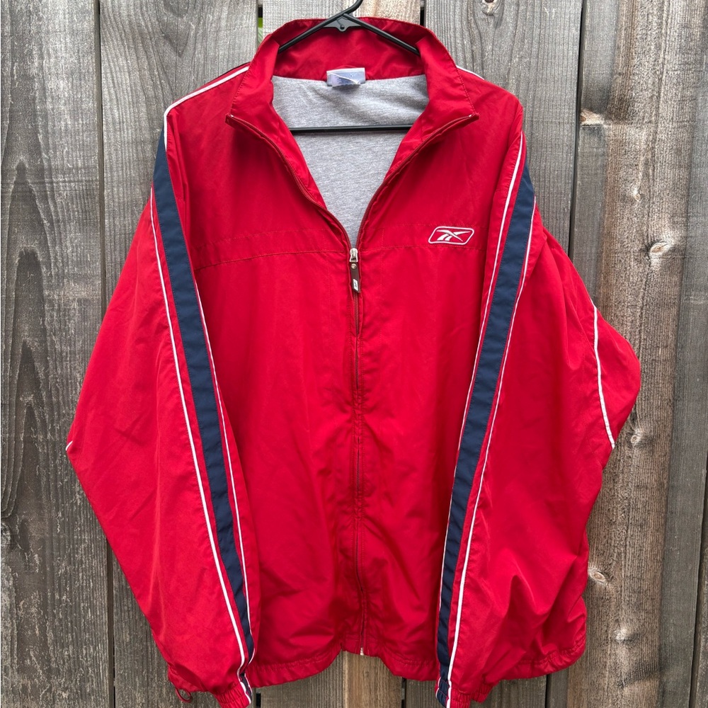 Reebok Men’s Red Windbreaker with Navy & White Stripe